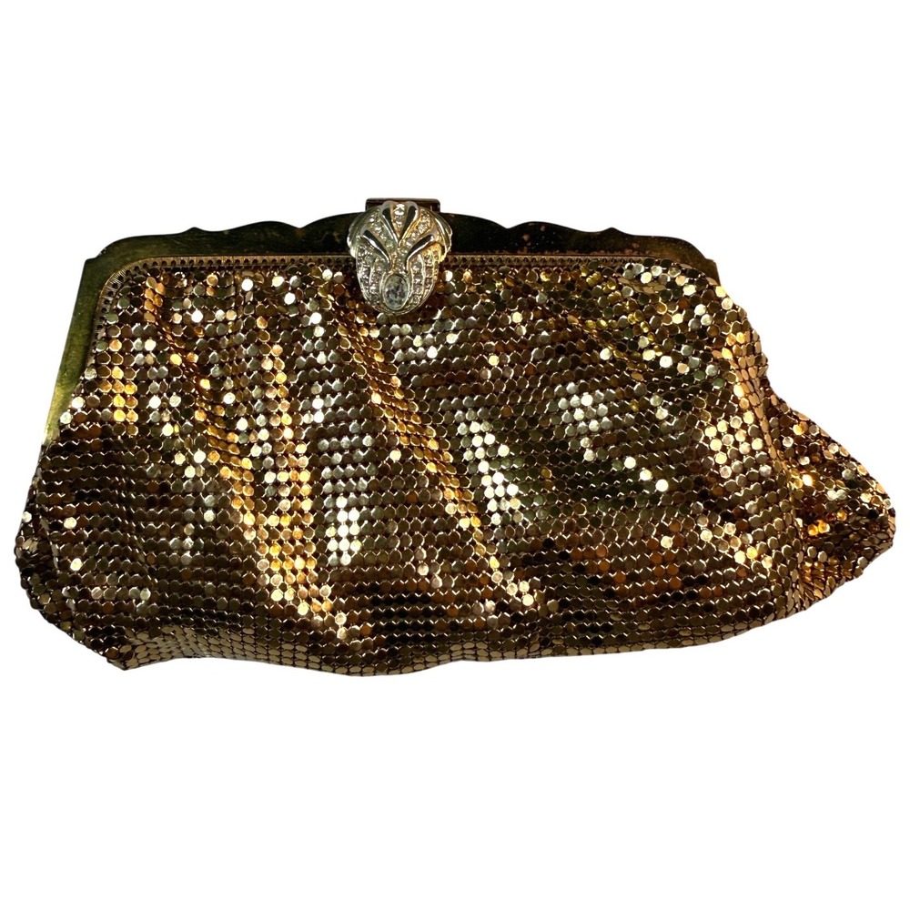 Vintage 1950s Whiting Davis Gold Purse Rhinestone Art Deco Clasp Evening Bag USA